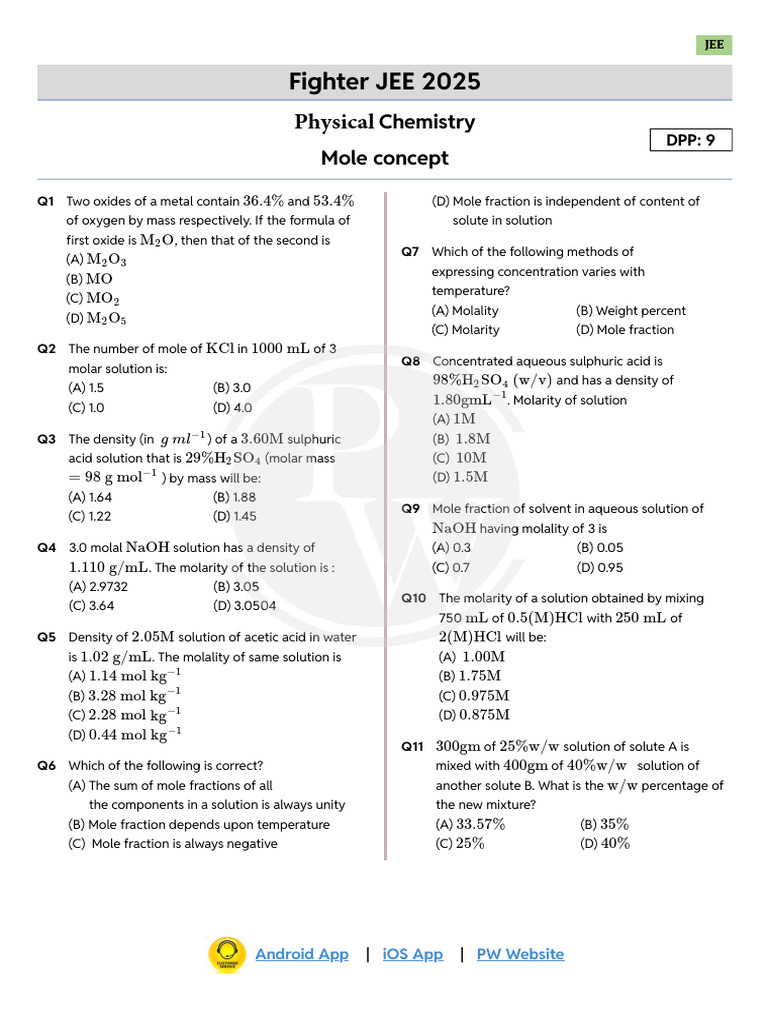 Mole Concept - DPP 09 (Of Lec 10) - Fighter JEE 2025 | PDF | Mass ...