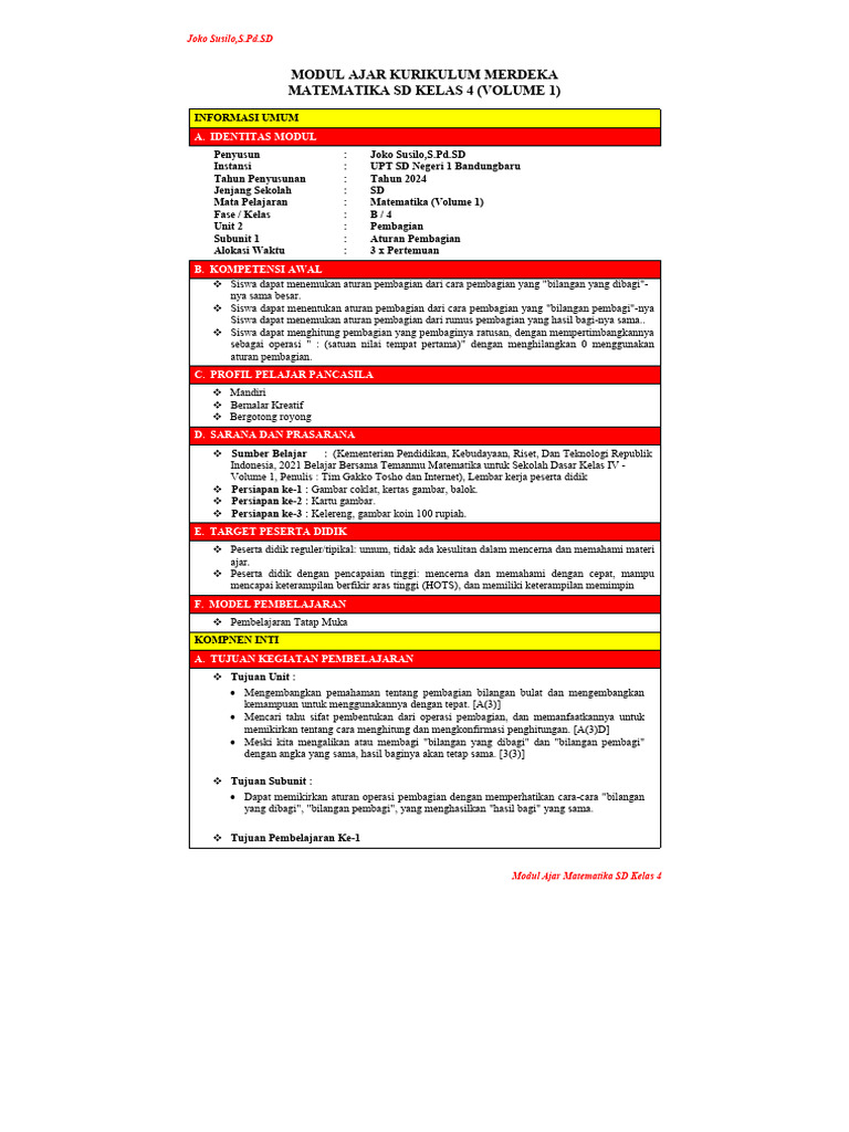 Modul Ajar Kurikulum Merdeka Matematika SD Kelas 4 (Volume 1) | PDF