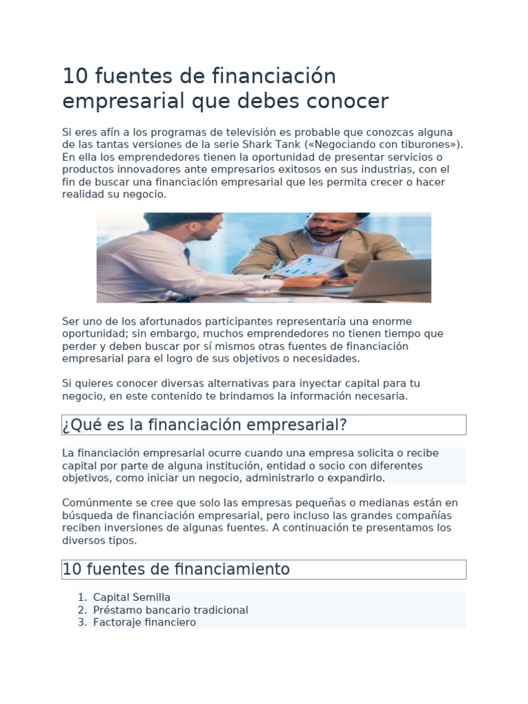 10 Fuentes de Financiamiento Empresarial | PDF | Capital de riesgo ...