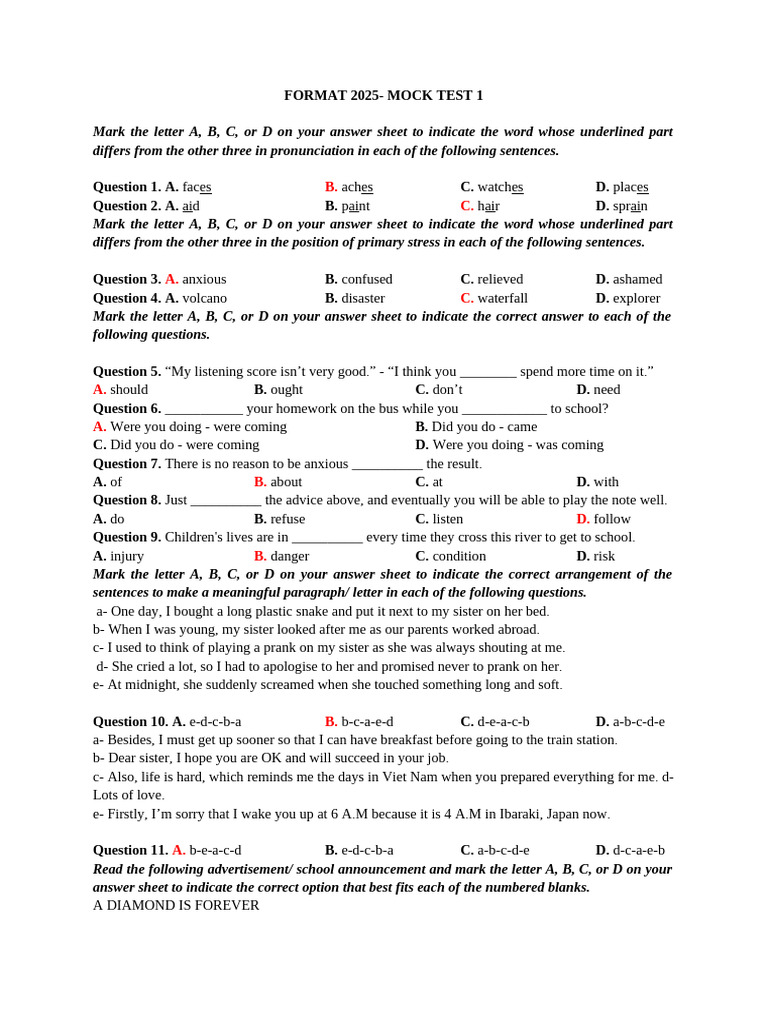 FORMAT 2025 - MOCK TEST 1-Key | PDF