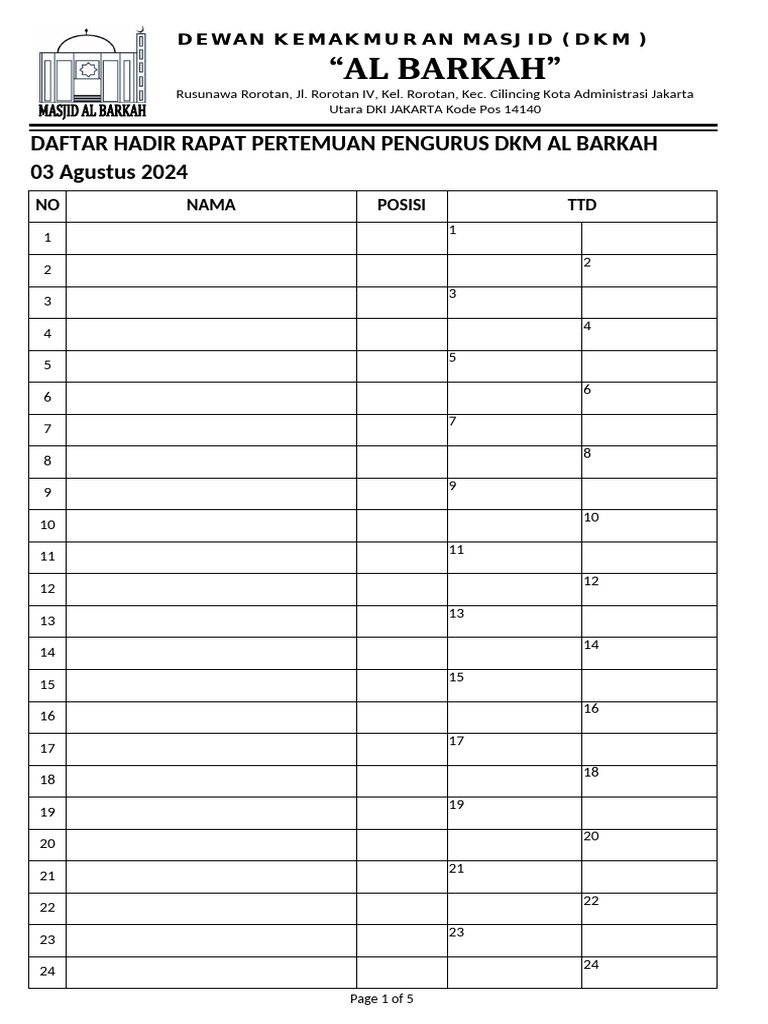 Daftar Hadir Rapat DKM Al Barkah | PDF
