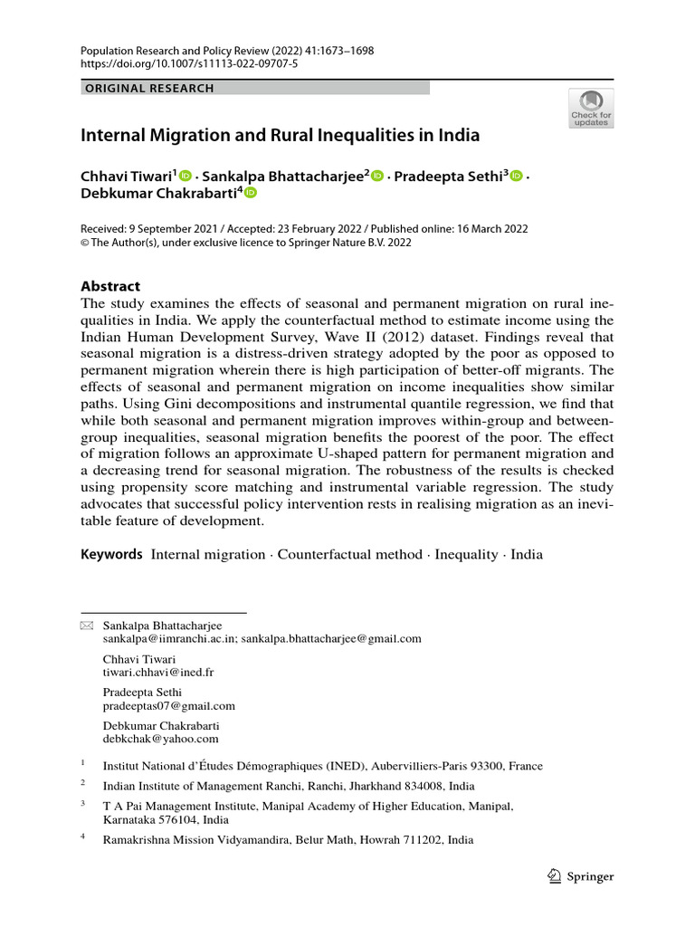 Internal Migration and Rural Inequalities in India | PDF