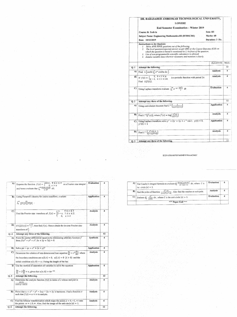 Btech All 3 Sem Engineering Mathematics 3 btbsc301 Dec 2019 | PDF