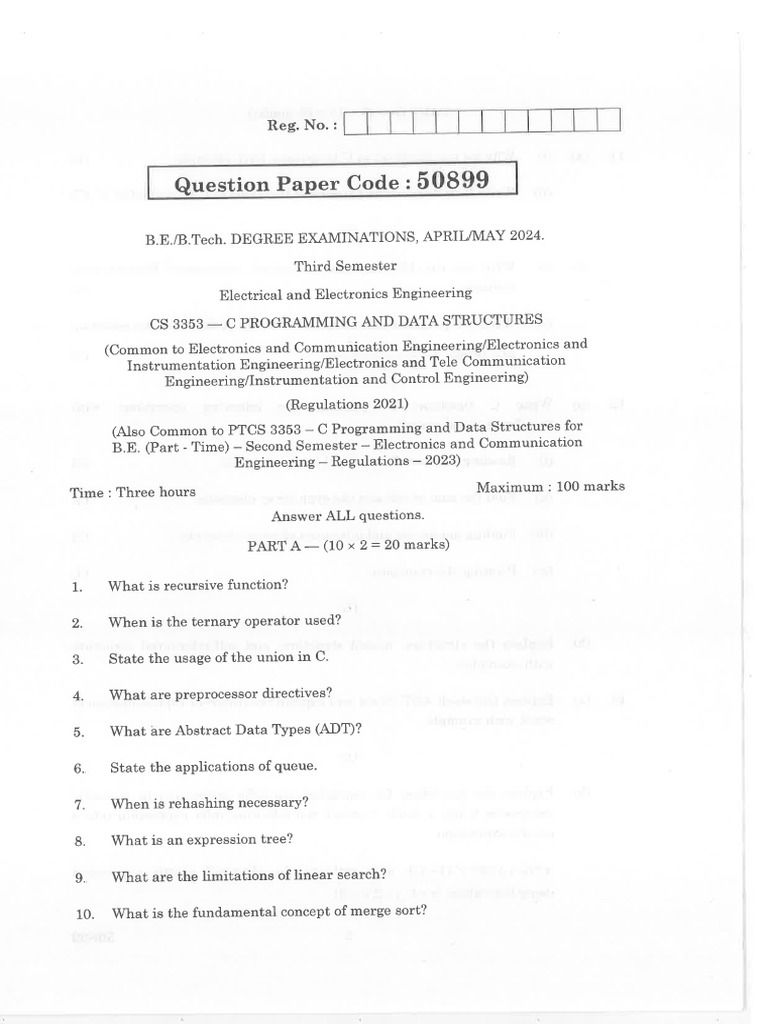 EEE AM 2024 CS 3353 C Programming and Data Structures 276318972 50899 | PDF