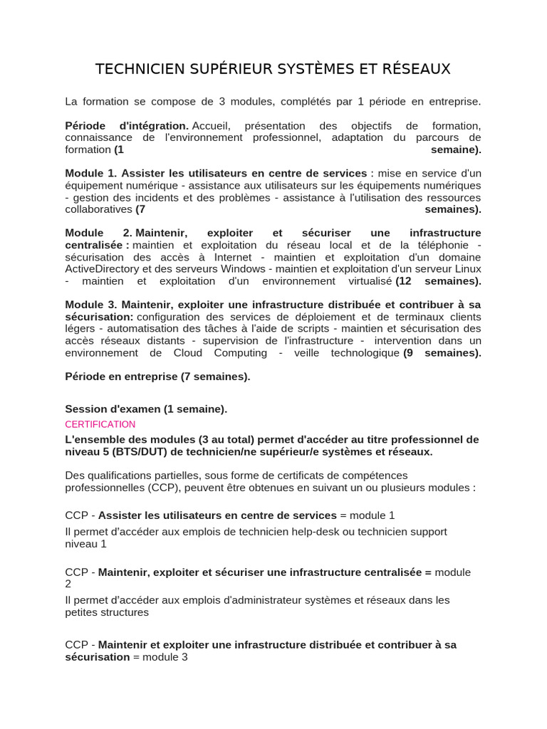 Technicien Supérieur Systèmes Et Réseaux | PDF