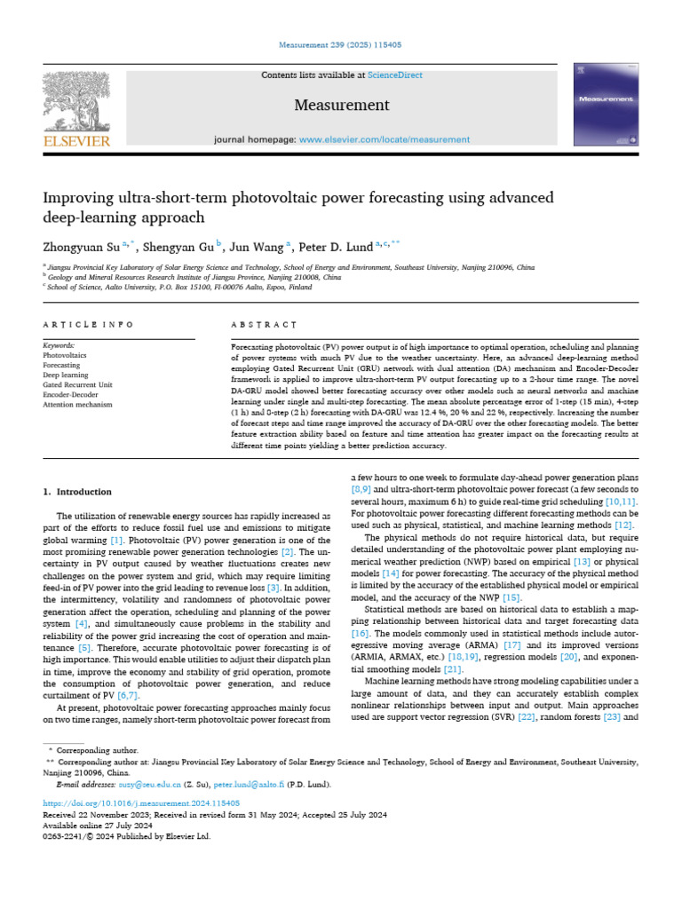 Improving Ultra Short Term Photovoltaic Power Forecasting Using - 2025 ...