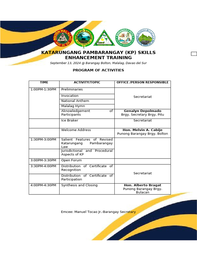 KP Training Program of Activities 2024 (1) | PDF