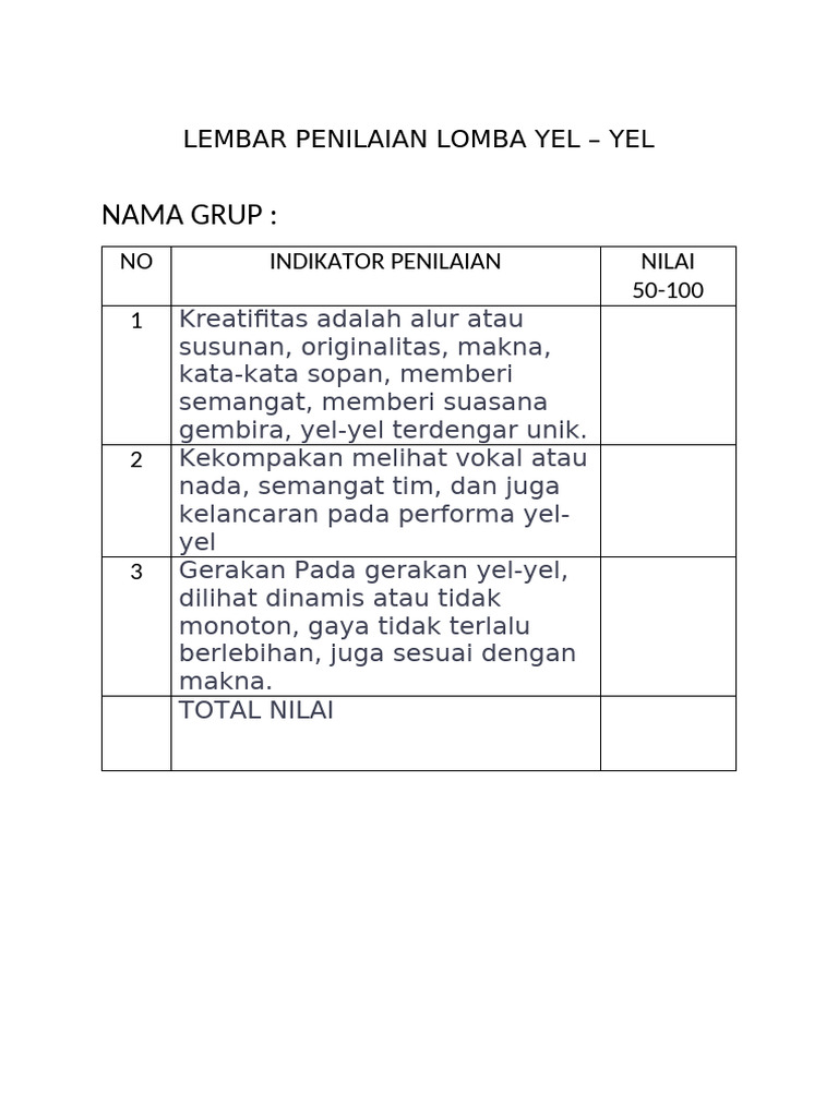 Lembar Penilaian Lomba Yel | PDF