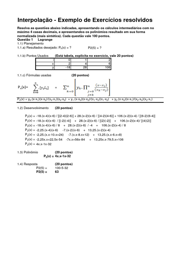 Exercícios Resolvidos de Interpolação | PDF