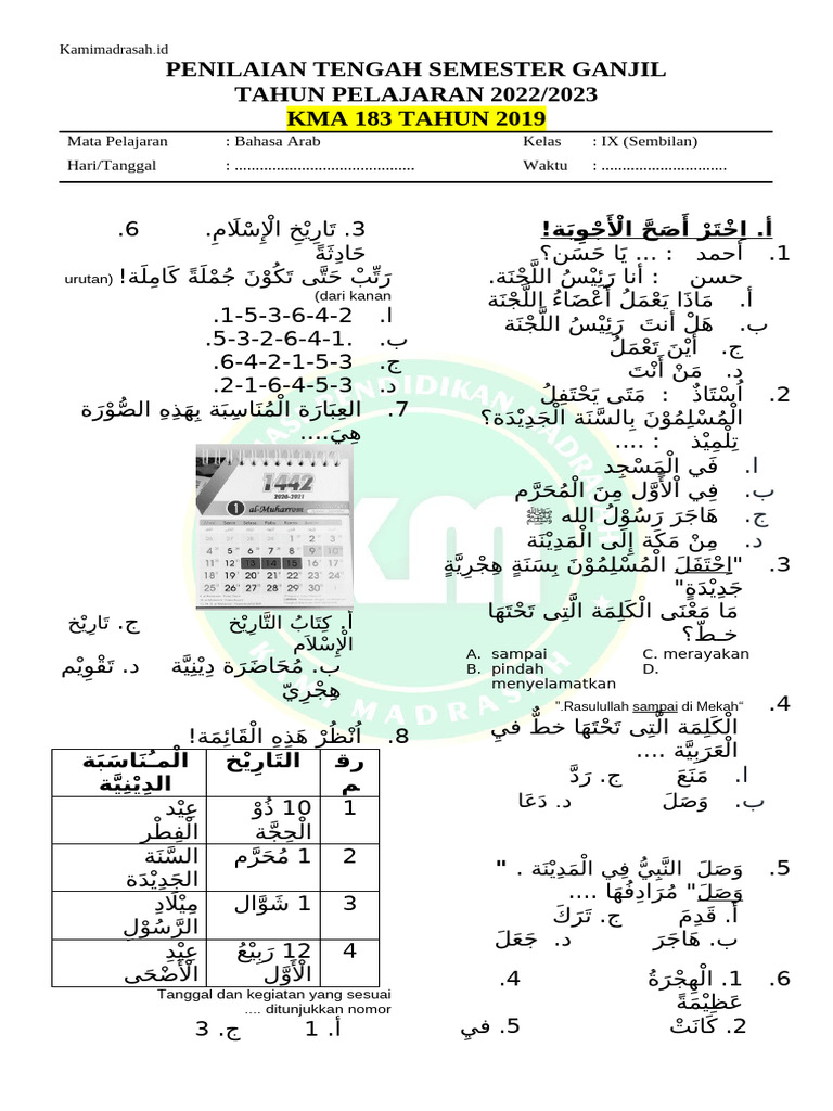 Soal PTS Bahasa Arab Kelas 9 Semester 1 2021-2022 | PDF