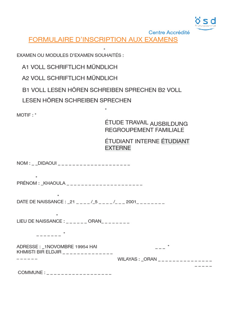 Formulaire Inscriptions Examens Copie | PDF