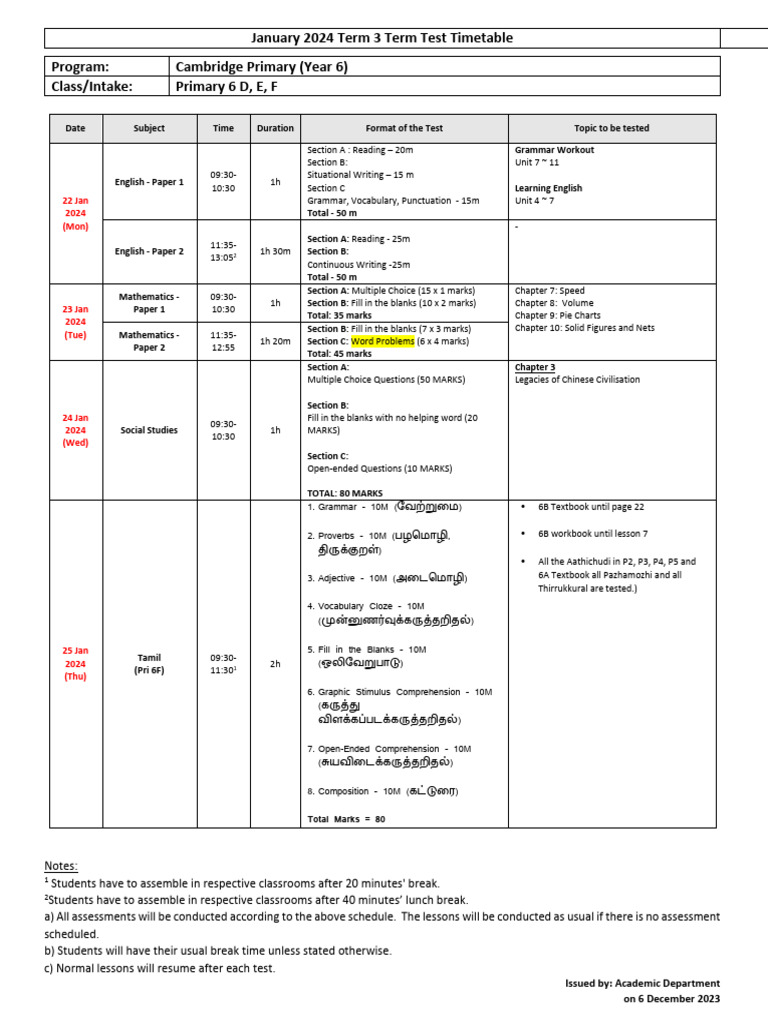 p6 t3 Time Table Exam | PDF