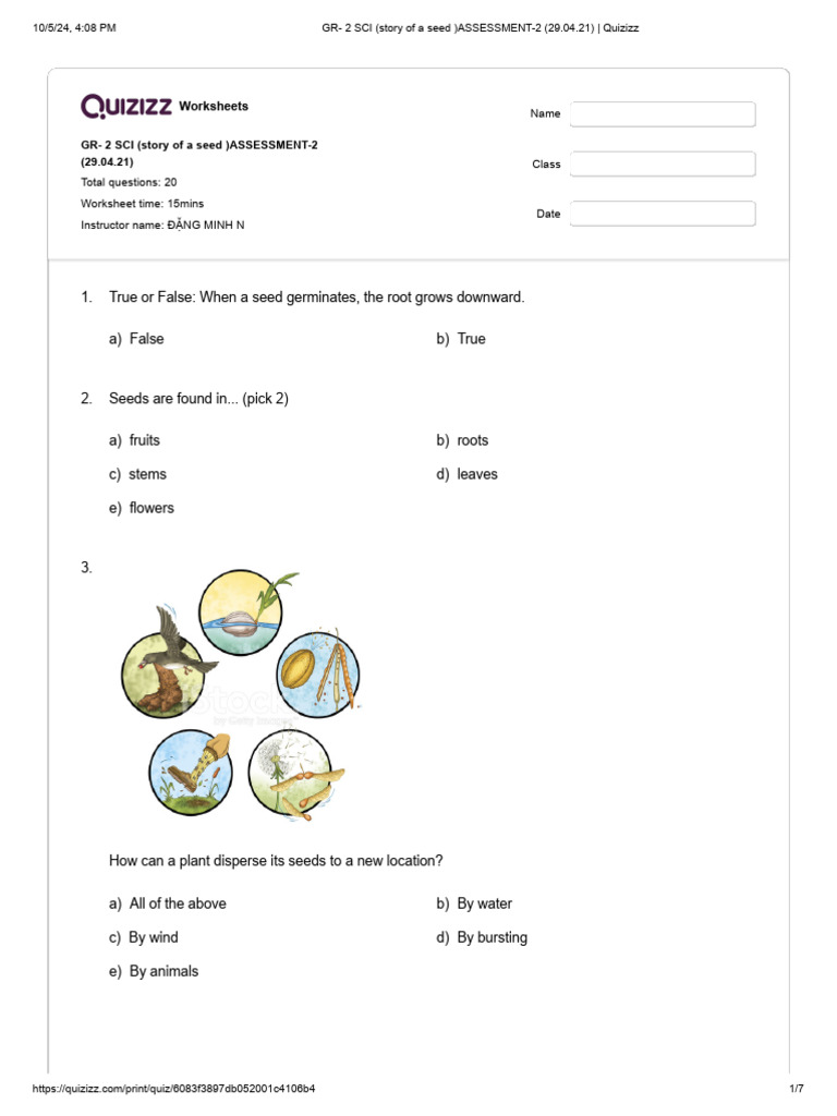 Gr 2 sci story of a seed assessment 2 29 04 21 quizizz pdf