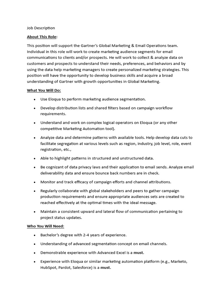 Marketing Database Specialist - Job Description | PDF | Marketing ...