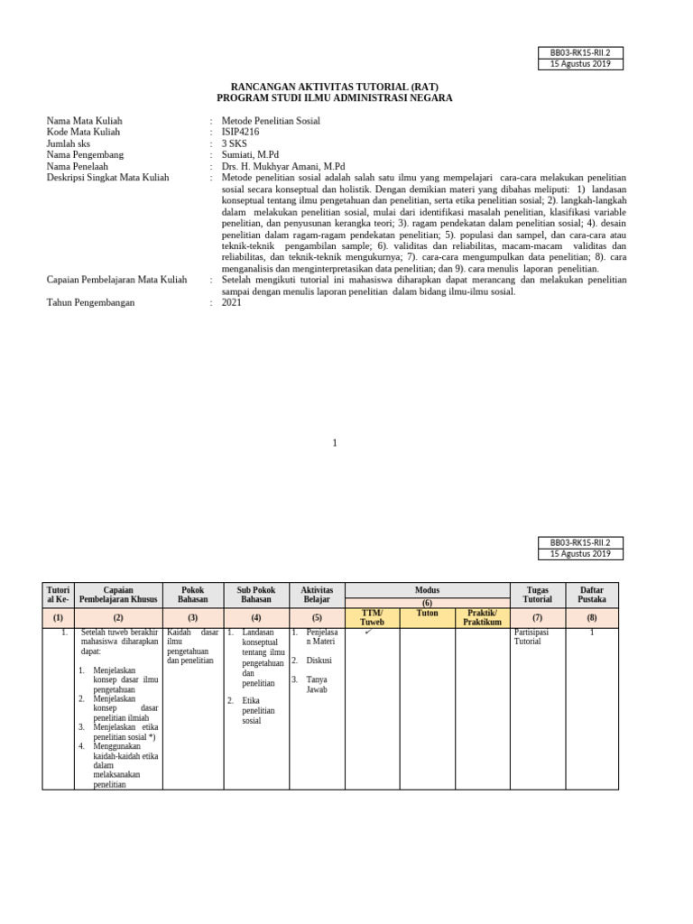 BB03-RK15 RII.2 Form RAT (15 Agustus 2019) | PDF
