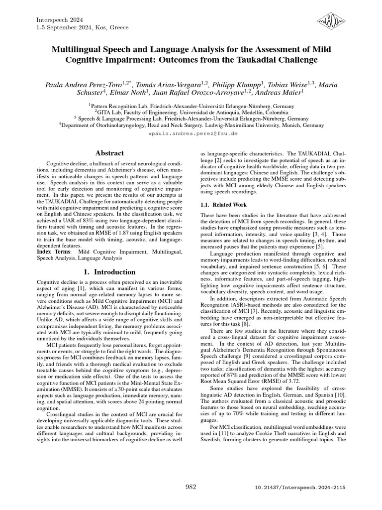 Multilingual Speech and Language Analysis For The Assessment of Mild ...