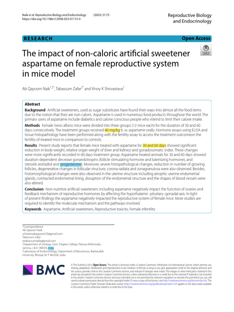 2023 The Impact of Non-Caloric Artificial Sweetener Aspartame On Female ...