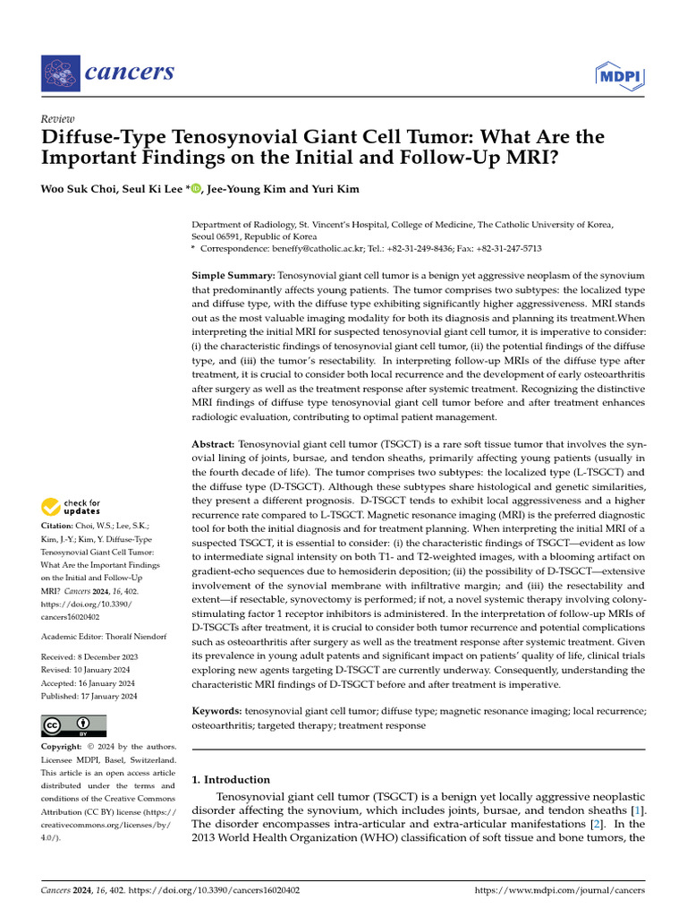 Diffuse Type Tenosynovial Giant Cell Tumor | PDF