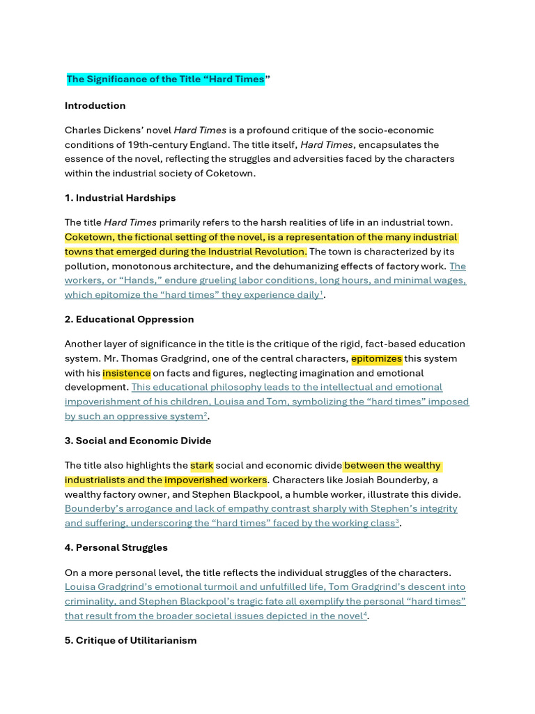 Significance of the title hard times pdf