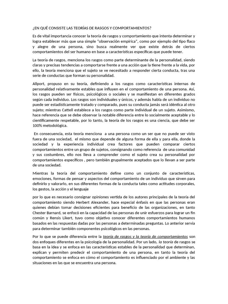 Teorías de Rasgos y Comportamientos en Psicología | PDF ...