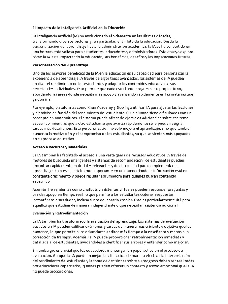 El Impacto de La Inteligencia Artificial en La Educación | PDF