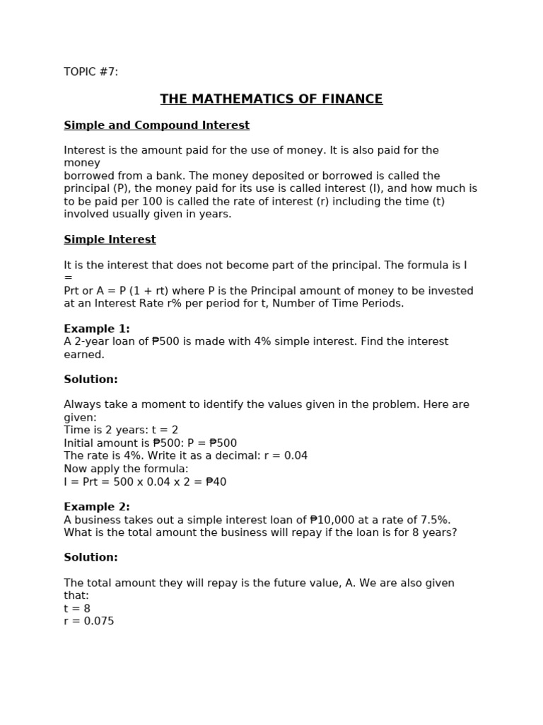 MMW - TOPIC 7 - Mathematics of Finance | PDF