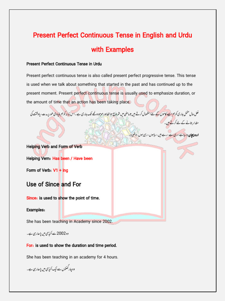 Present Perfect Continuous Tense in English and Urdu With Example | PDF