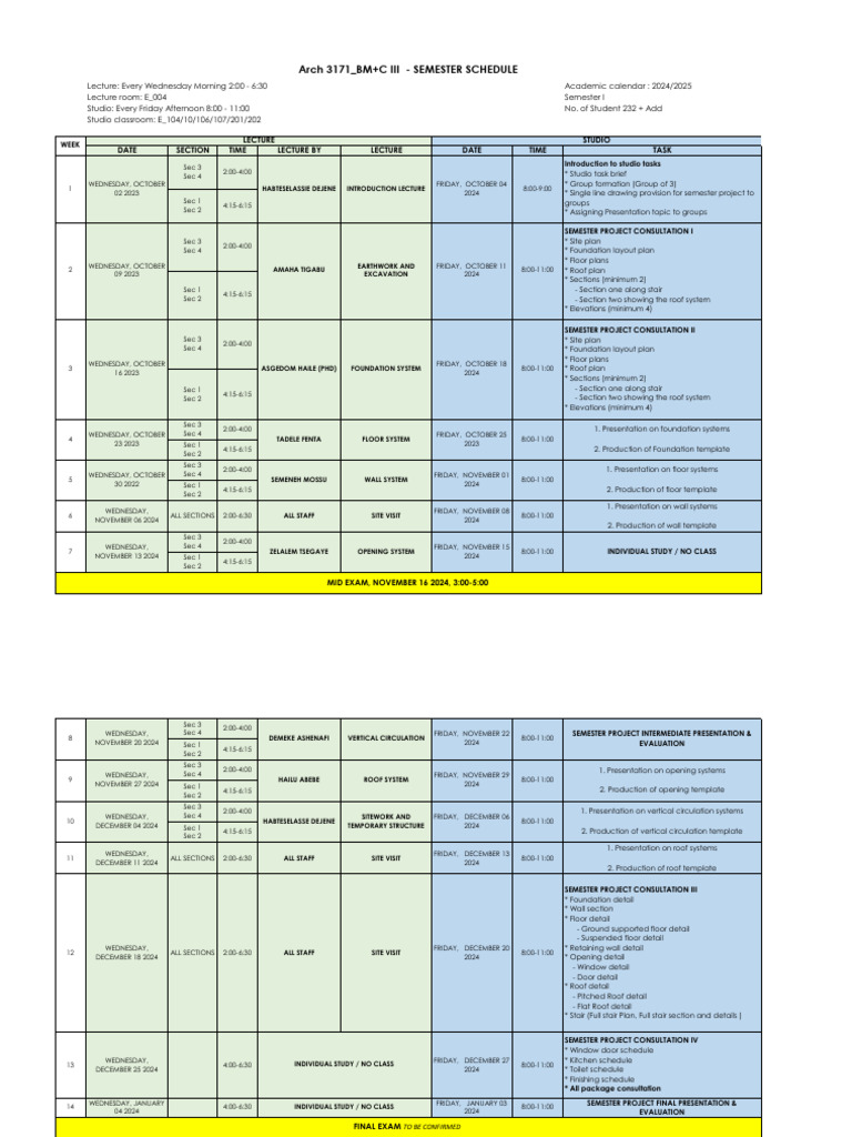ARCH BM+CIII - 2024 - 2025 - 1st Sem - Weekly Schedule | PDF | Local ...