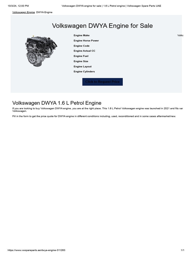 Volkswagen DWYA Engine For Sale - 1.6 L Petrol Engine - Volkswagen ...