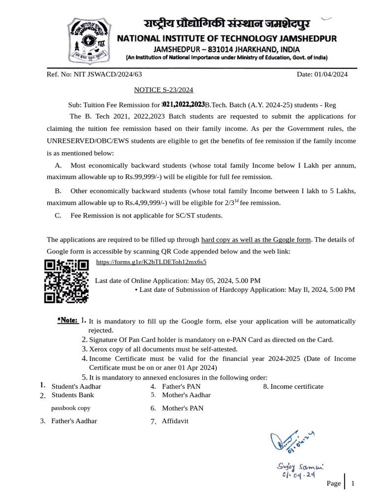 Notice For Tuition Fee Remission of 2021, 2022, 2023 Bat | PDF