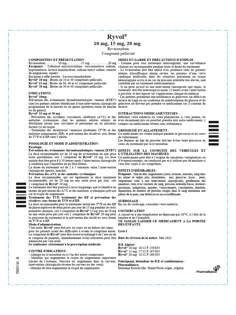 Notice Ryvol 10mg 15mg 20mg Comprime Pellicule | PDF