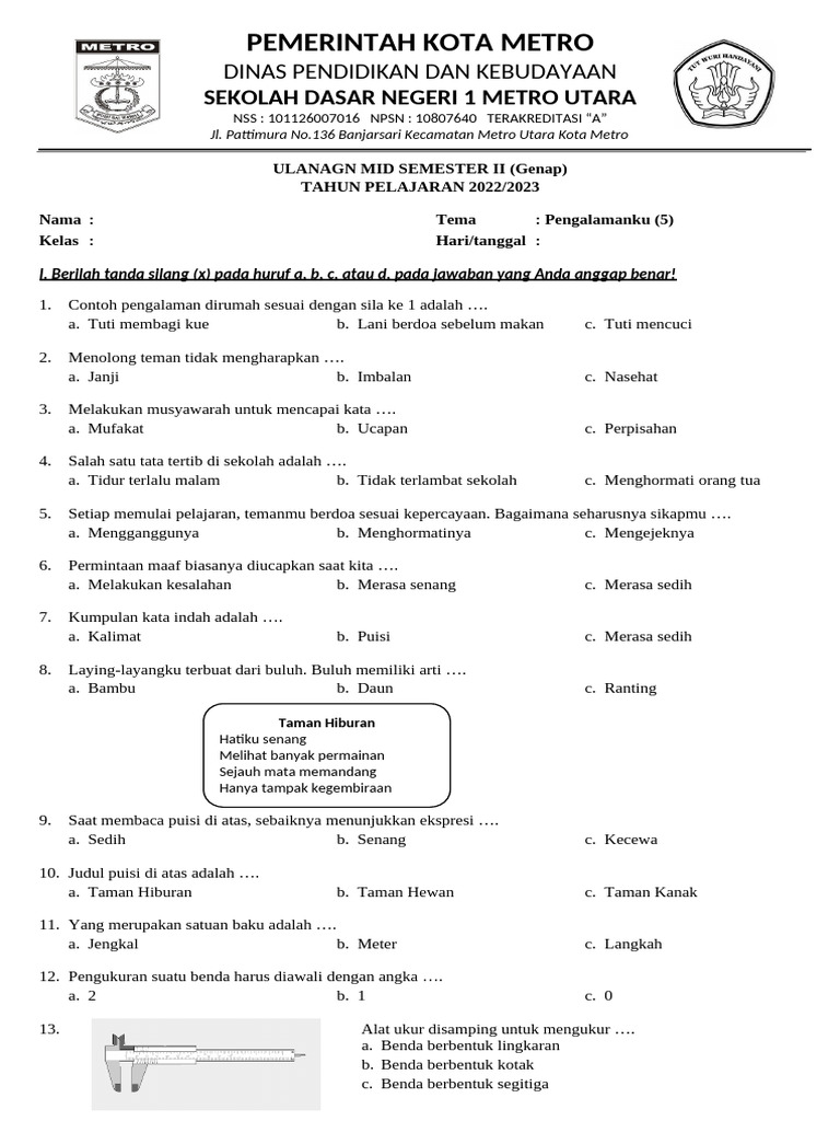 Soal Mid Semester 2 Kelas 2 2022-2023 | PDF
