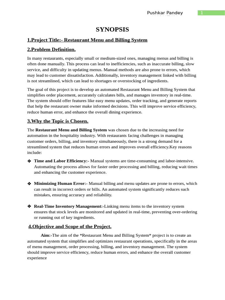 Synopsis: 1.project Title:-Restaurant Menu and Billing System 2.problem ...