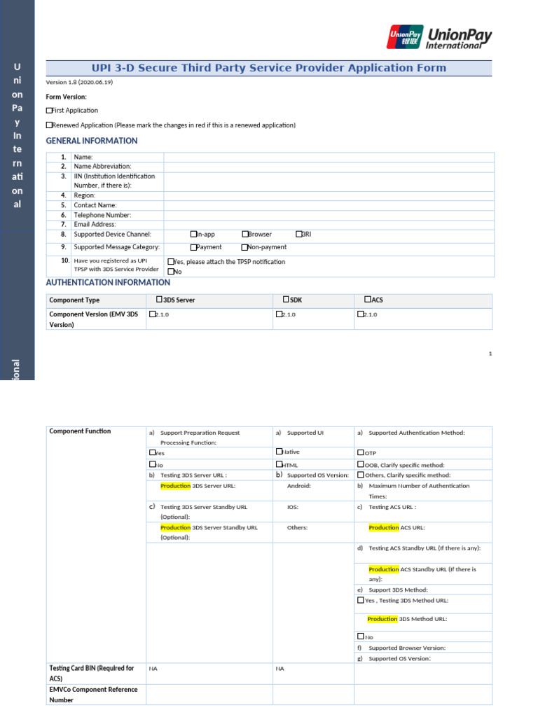 UP3DS Service Provider Application Form - V1.8 (EN) | PDF