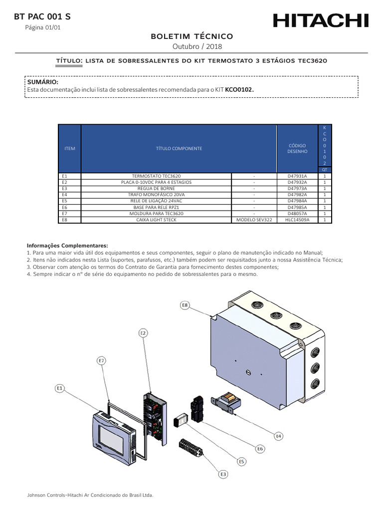 2018 BT PAC 001 S Sobressalentes Do Kit Termostato 3 Estágios TEC3620 | PDF