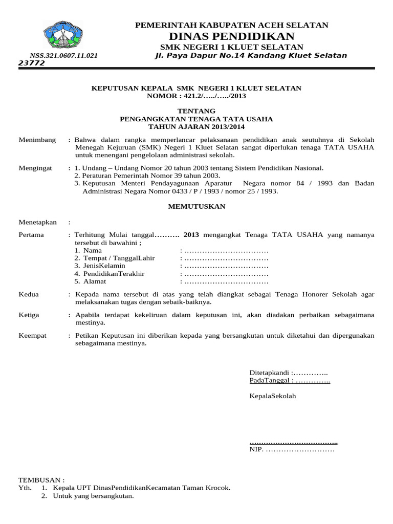 Contoh SK TU Sekolah | PDF