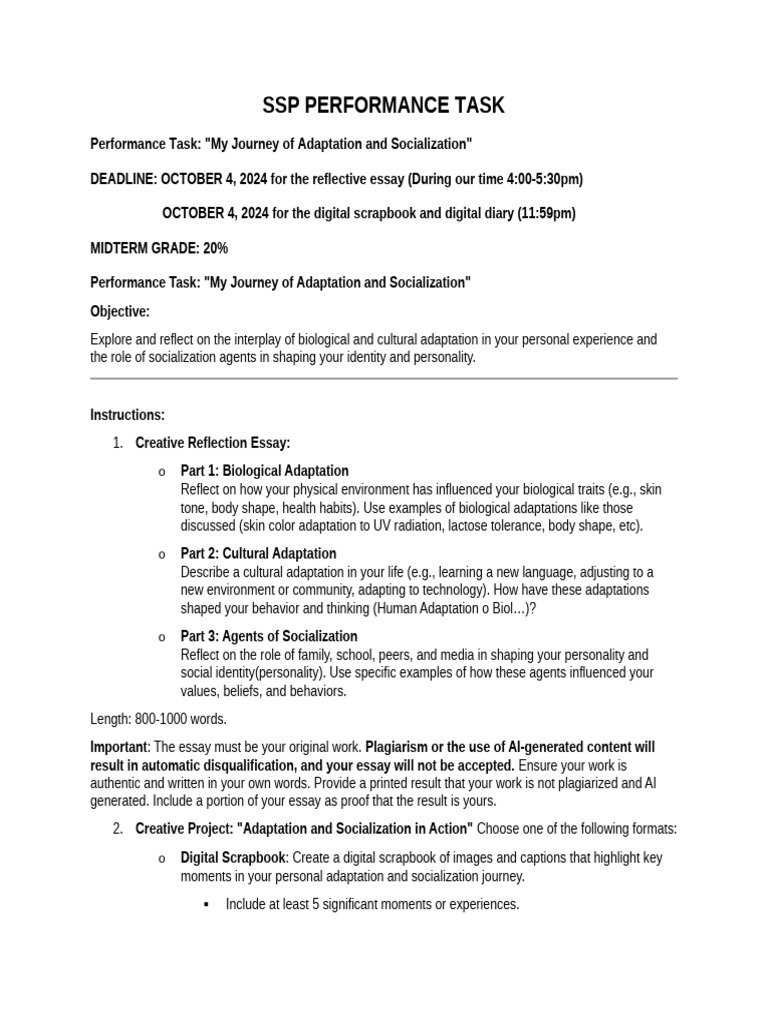 SSP Performance Task PDF Socialization Essays
