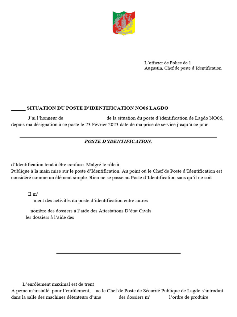 Rapport sur le Poste d'Identification à Lagdo | PDF