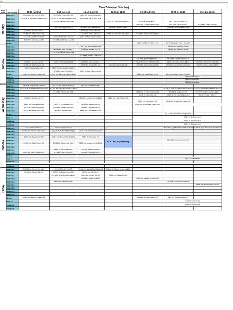 Time Table DSE (Female) Fall 24 Wef 30 Sep | PDF