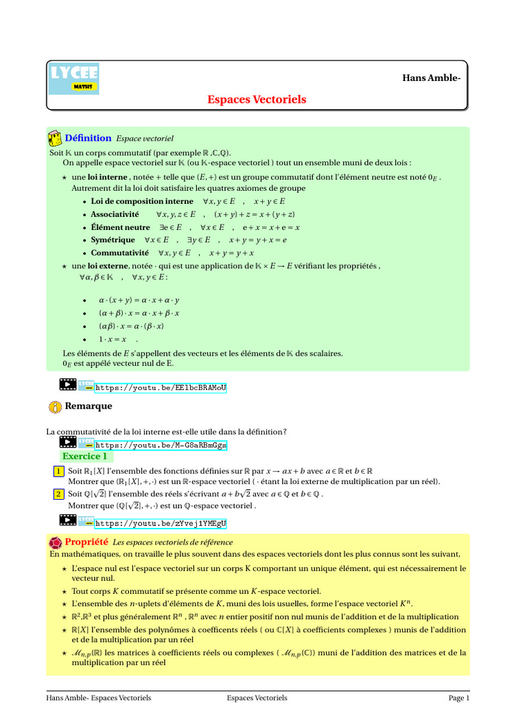 Livret espace vectoriel pdf