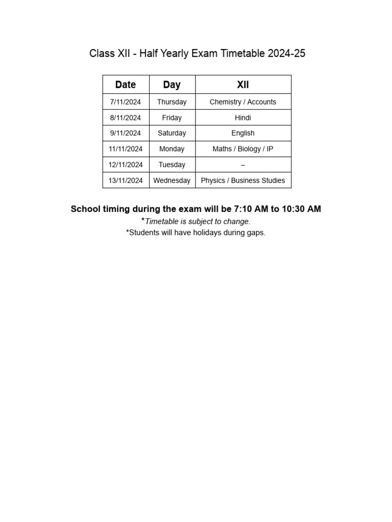 2024 25 XII Half Yearly Exam Time Table | PDF