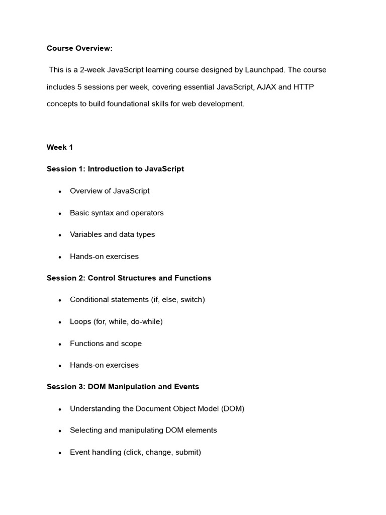 Javascript Training Plan Launchpad | PDF