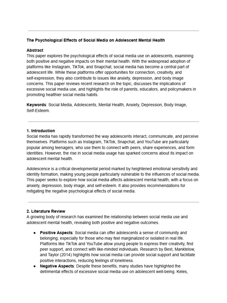 The Psychological Effects of Social Media On Adolescent Mental Health ...