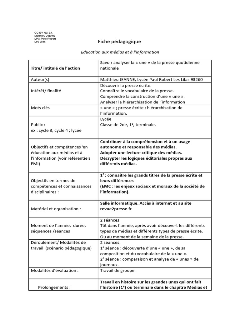 Fiche Pedagogique La Une PDF