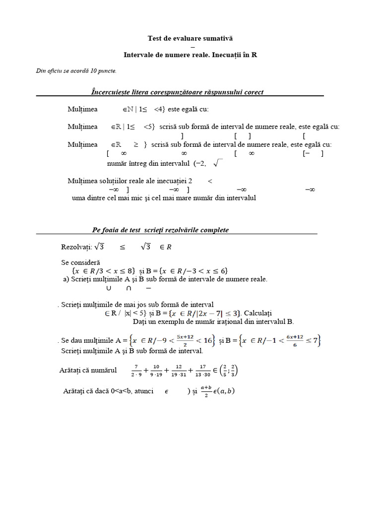 Test Intervale de Numere Reale Inecuatii Cls A VIII A | PDF