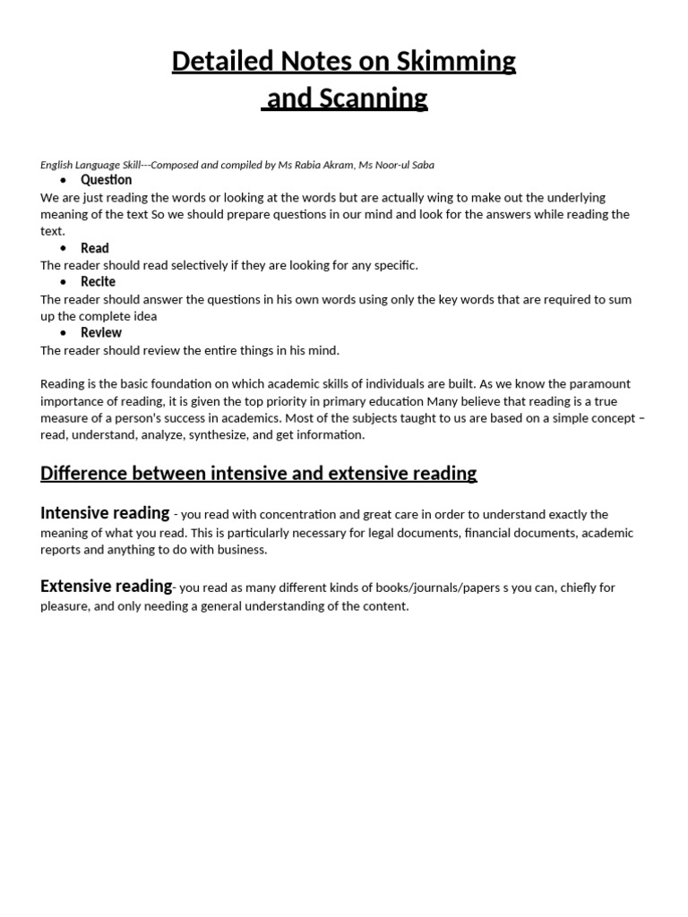 Detailed notes on skimming pdf
