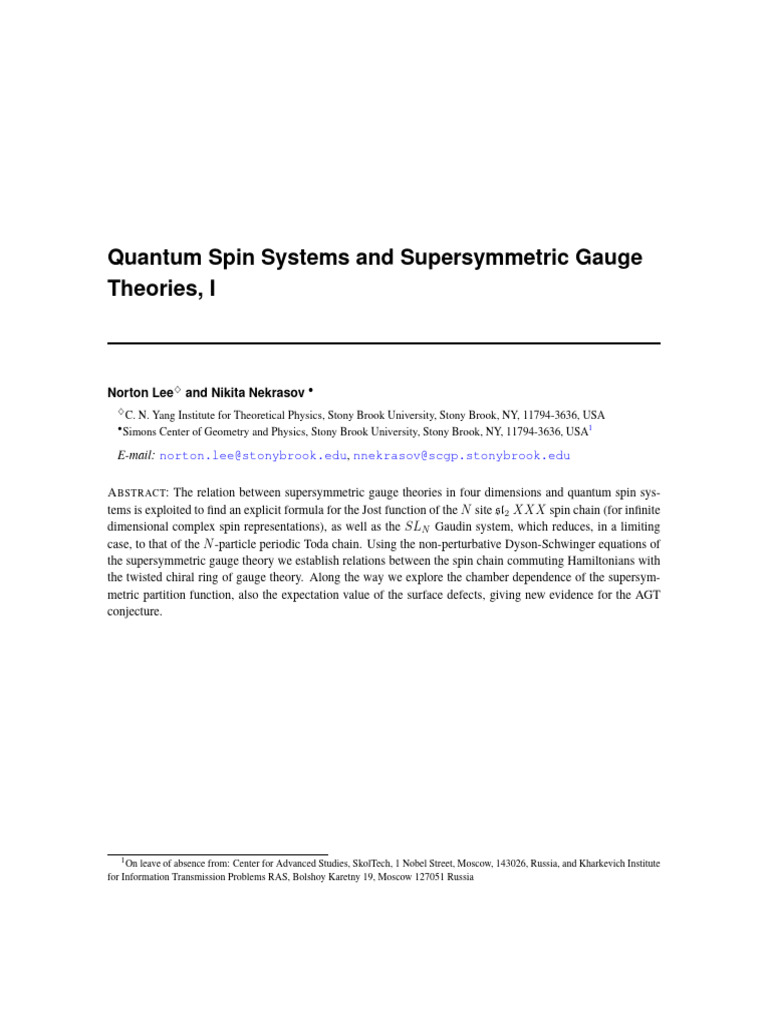 Quantum Spin Systems and Supersymmetric Gauge Theories I | PDF