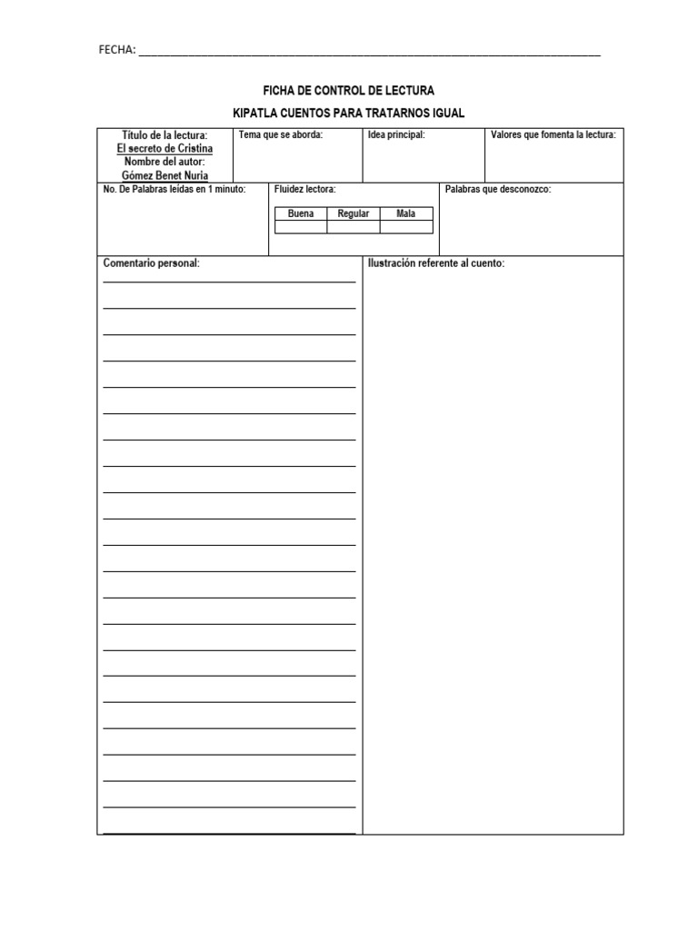 Ficha de control de lectura pdf