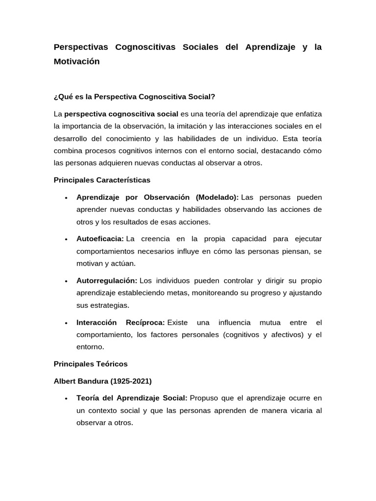 Perspectivas Cognoscitivas Sociales Del Aprendizaje y La Motivación | PDF
