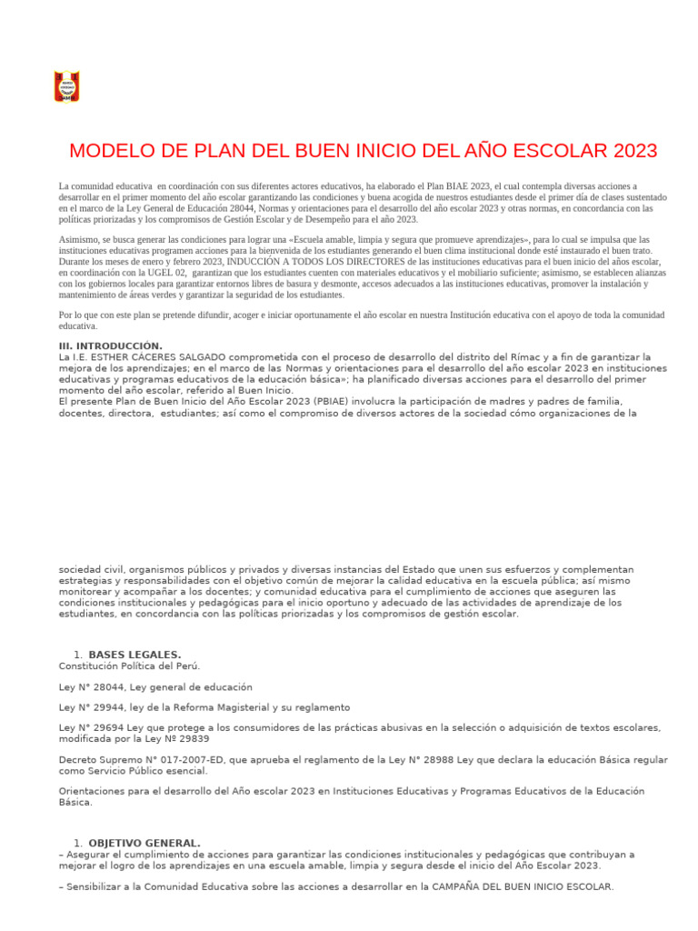 Modelo de Plan Del Buen Inicio Del Año Escolar 2023 | PDF